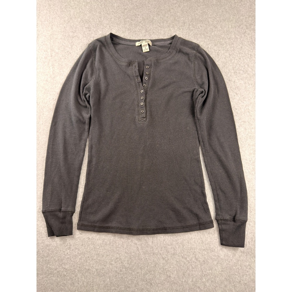 Active Basic Womens Charcoal Gray Waffle Knit Henley Long Sleeve Top Size M